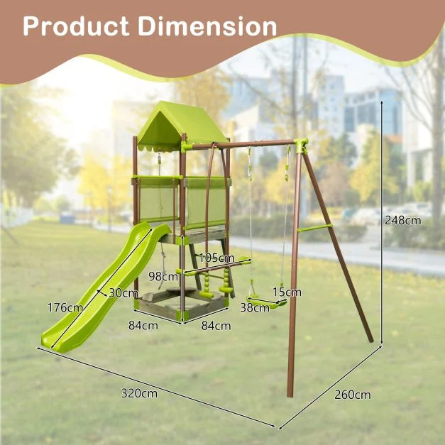 Outdoor Metal Swing Set with Covered Fort and Play Accessories