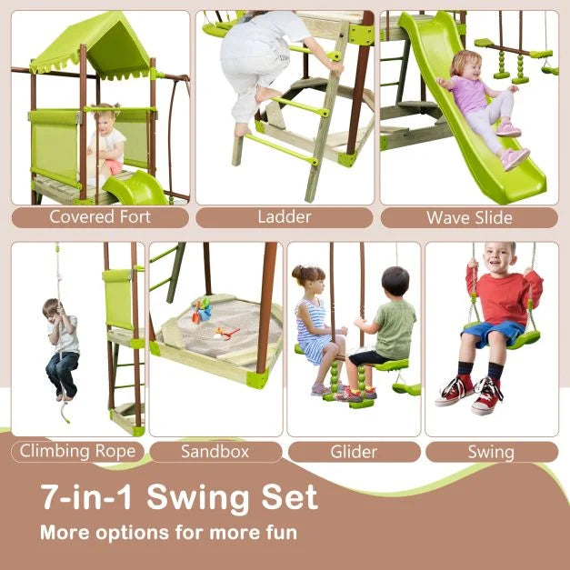 Outdoor Metal Swing Set with Covered Fort and Play Accessories