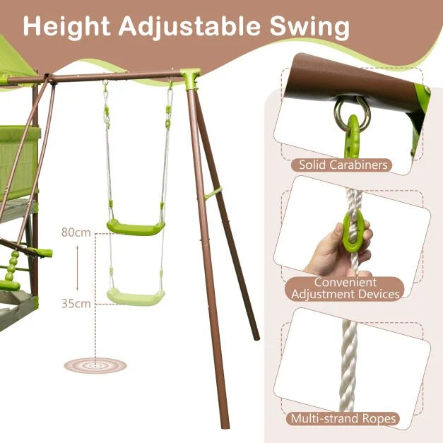 Outdoor Metal Swing Set with Covered Fort and Play Accessories