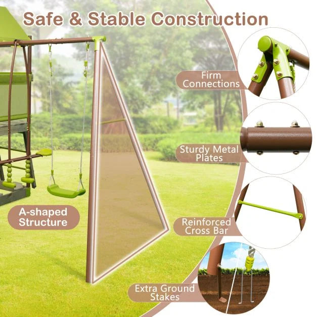 Outdoor Metal Swing Set with Covered Fort and Play Accessories