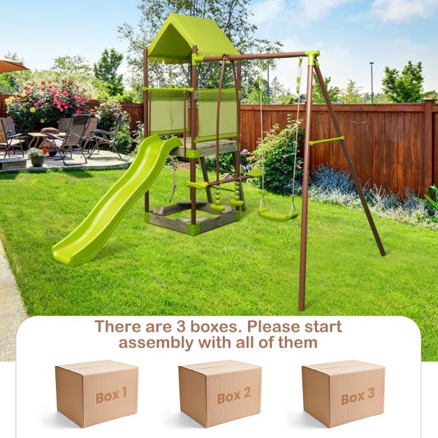 Outdoor Metal Swing Set with Covered Fort and Play Accessories