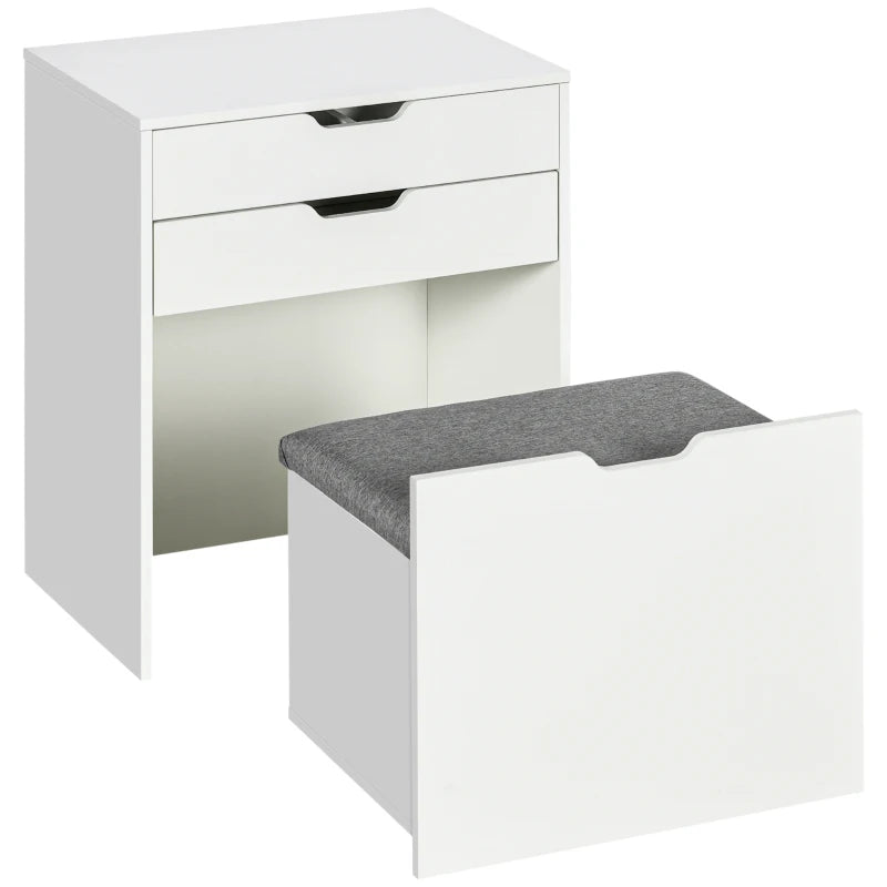 White Vanity Table with Flip-Up Mirror, Hidden Compartments & Stool