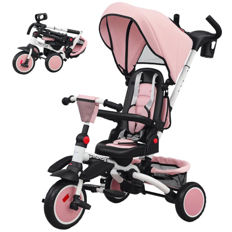 Foldable 6-in-1 Kids Trike with Canopy & Parent Handle – Pink Tricycle for Ages 1-5