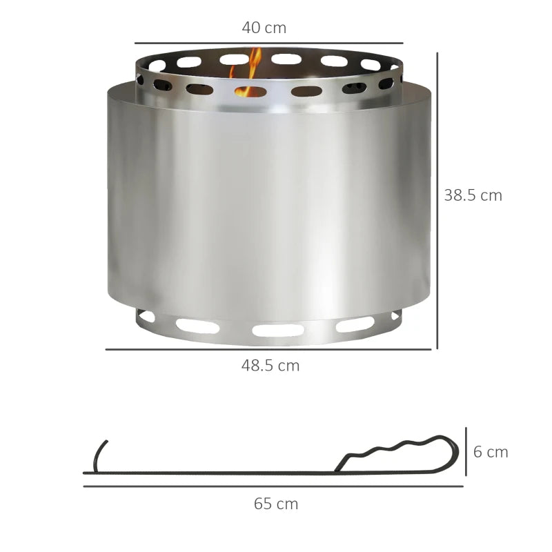 Silver Smokeless Fire Pit 48.5cm Portable Wood Burning with Poker for Outdoor Use