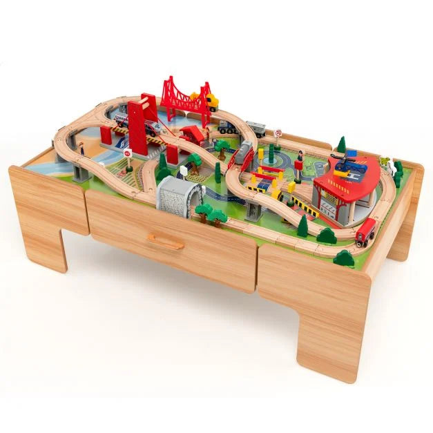 Wooden Train Track Toy Set 100 Pieces with Reversible Tabletop & Storage