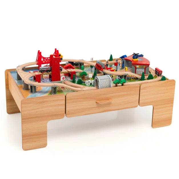 Wooden Train Track Toy Set 100 Pieces with Reversible Tabletop & Storage