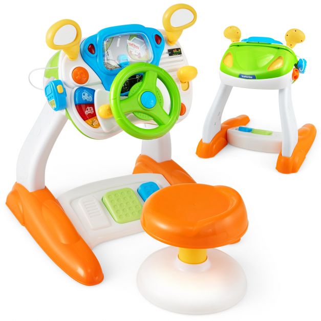 Kids Driving Toy with Steering Wheel, Stool, and Rotating Scene