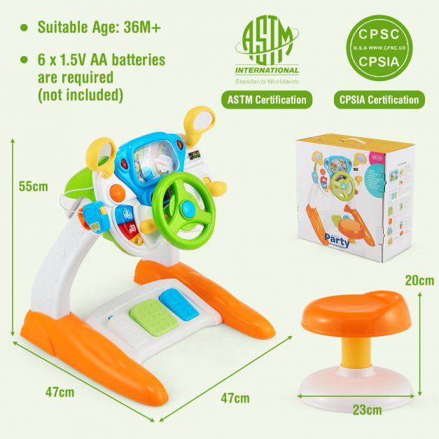 Kids Driving Toy with Steering Wheel, Stool, and Rotating Scene