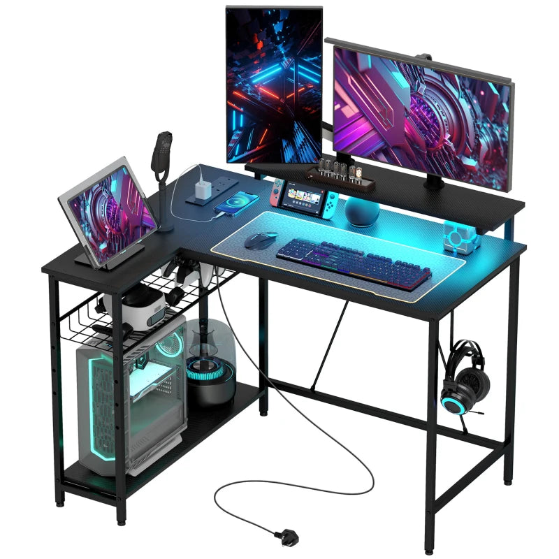 LED Light Reversible L-Shaped Gaming/Work Desk – Black