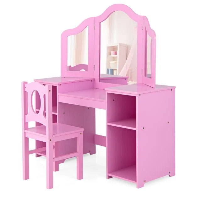 Kids Vanity Desk & Chair Set with Tri-Folding Removable Mirror