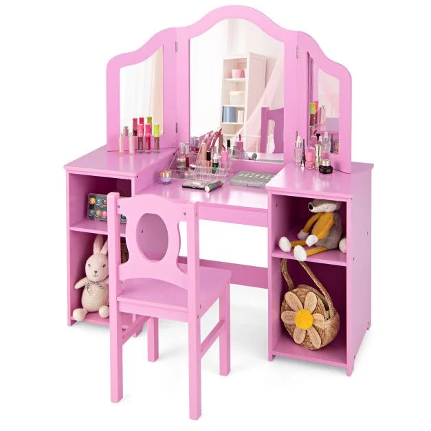 Kids Vanity Desk & Chair Set with Tri-Folding Removable Mirror