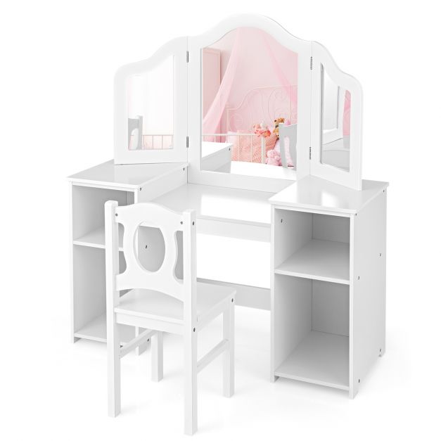 Kids Vanity Desk & Chair Set with Tri-Folding Removable Mirror