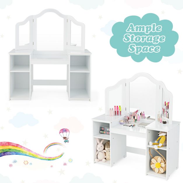 Kids Vanity Desk & Chair Set with Tri-Folding Removable Mirror
