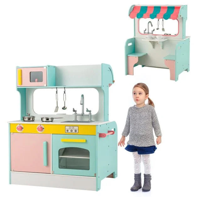 Double-Sided Pretend Kitchen Playset for Kids with Oven, Sink & Microwave