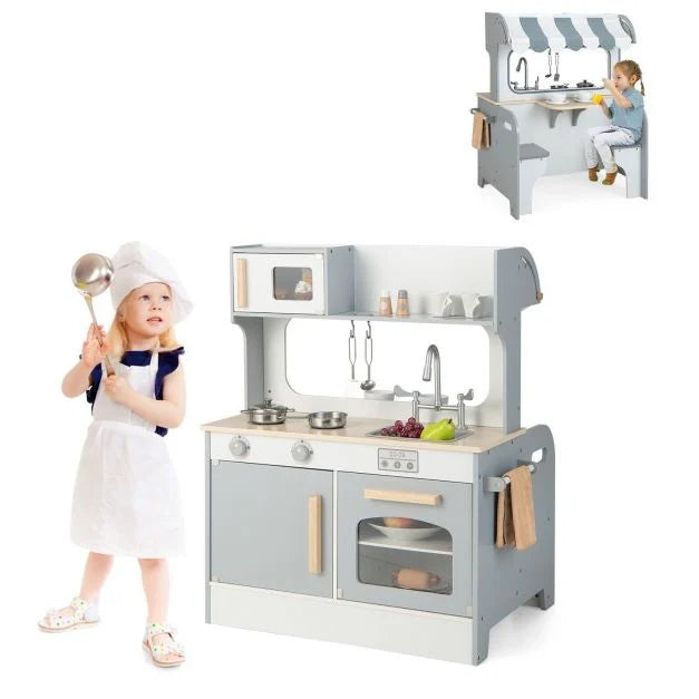Double-Sided Pretend Kitchen Playset for Kids with Oven, Sink & Microwave
