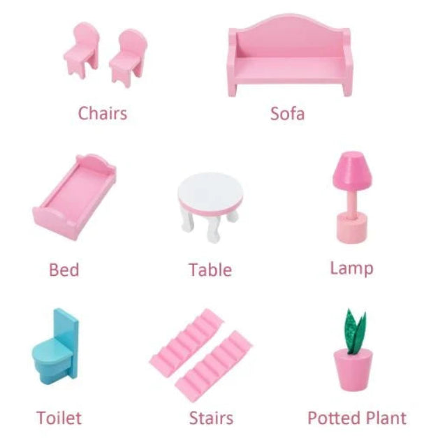 Wooden Kids Dollhouse DIY Pretend Play Set for Toddlers 3-7 Years