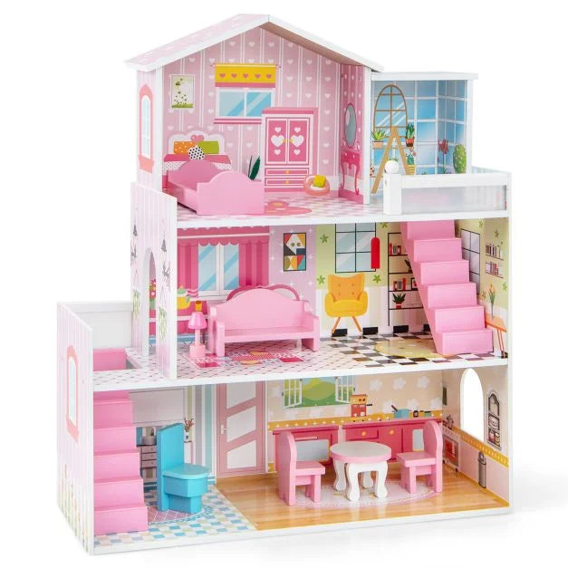 Wooden Kids Dollhouse DIY Pretend Play Set for Toddlers 3-7 Years