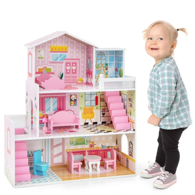 Wooden Kids Dollhouse DIY Pretend Play Set for Toddlers 3-7 Years