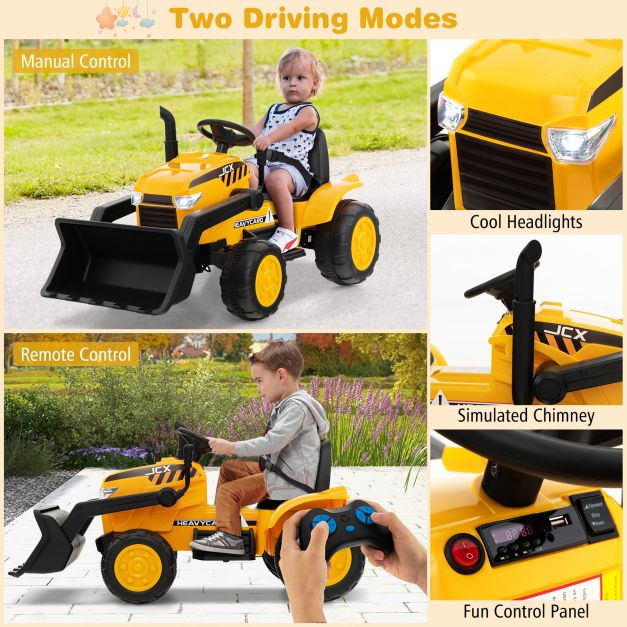 12V Battery-Powered Kids Bulldozer Digger with Adjustable Digging Bucket