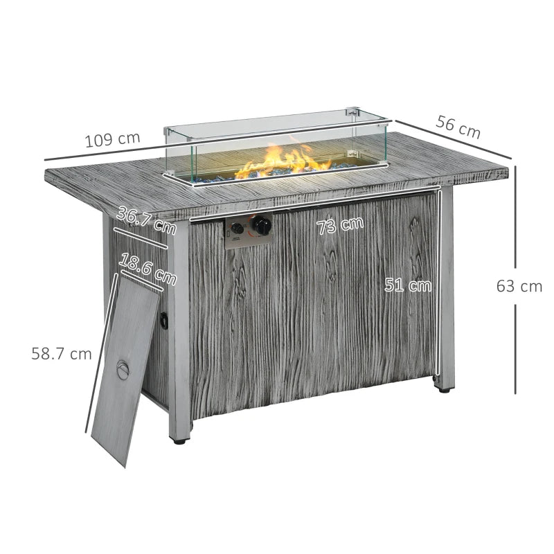 Gas Fire Pit Table with Glass Screen and Cover, 50,000 BTU, Grey Outdoor Heater