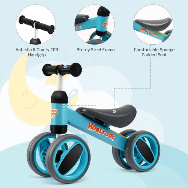 Baby Balance Bike with 4 Wheels and Safety-Limited Steering