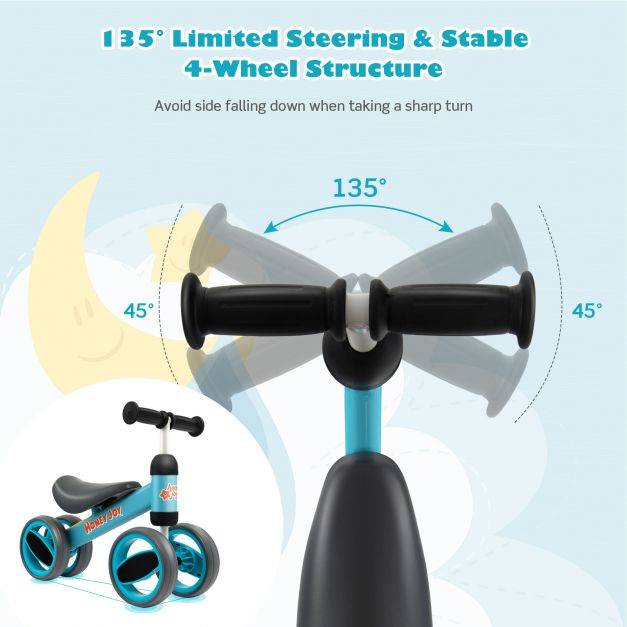 Baby Balance Bike with 4 Wheels and Safety-Limited Steering