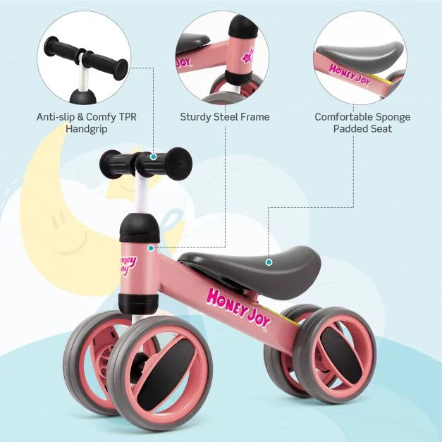 Baby Balance Bike with 4 Wheels and Safety-Limited Steering