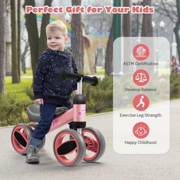 Baby Balance Bike with 4 Wheels and Safety-Limited Steering