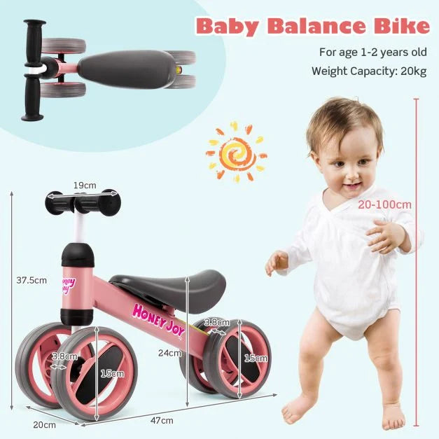 Baby Balance Bike with 4 Wheels and Safety-Limited Steering