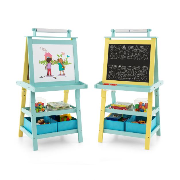 Kids Double-Sided Art Easel with Built-In Paper Roll for Creative Play