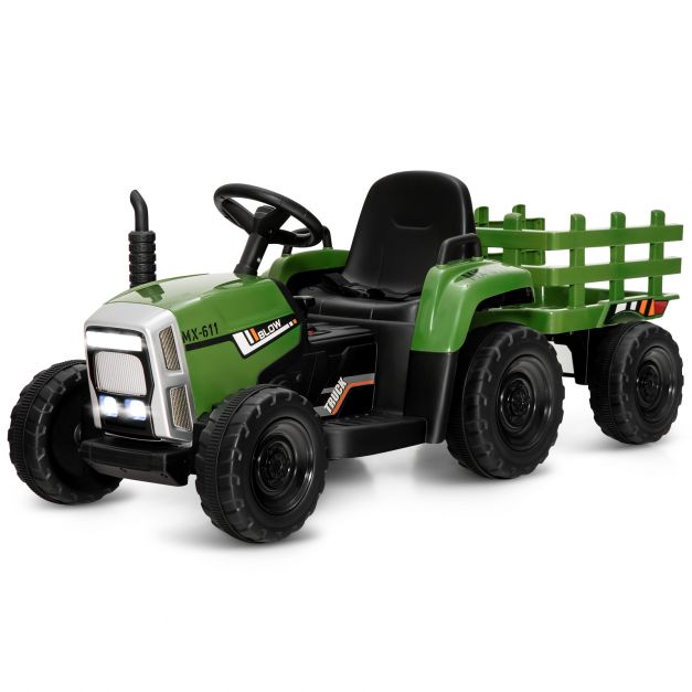 12V Electric Kids Tractor Ride-On with Trailer, LED Lights & Music