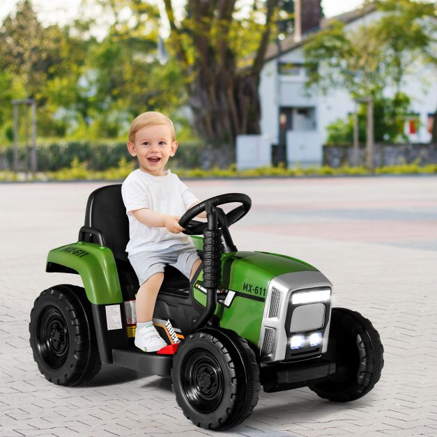 12V Electric Kids Tractor Ride-On with Trailer, LED Lights & Music