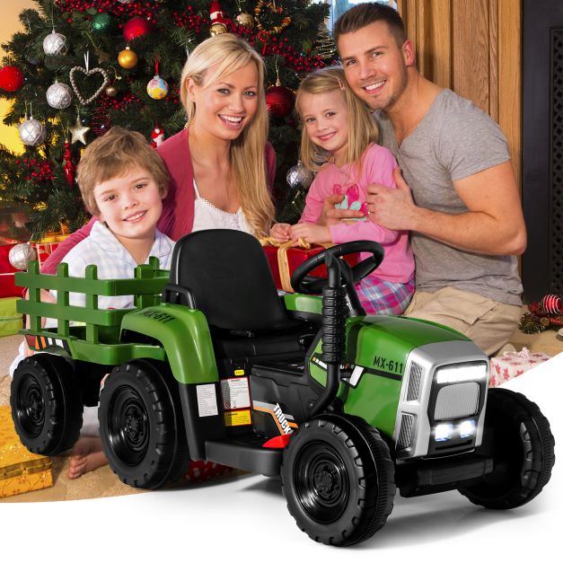 12V Electric Kids Tractor Ride-On with Trailer, LED Lights & Music
