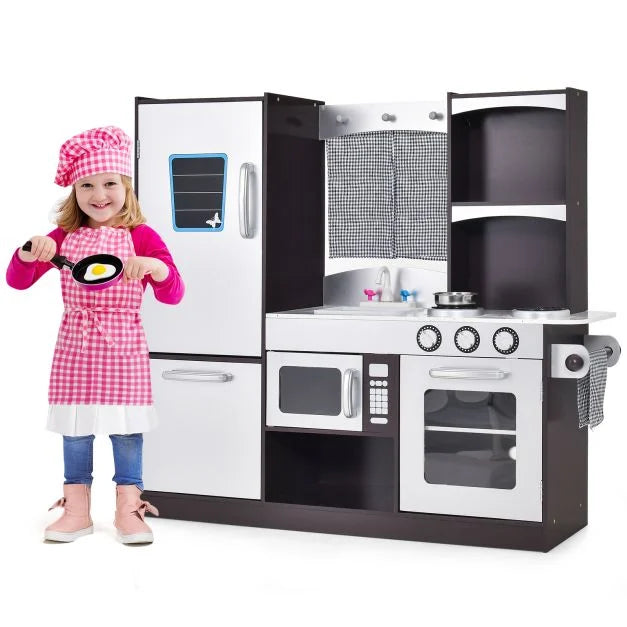 Kids Wooden Play Kitchen Set with Refrigerator, Blackboard, Sink & Oven