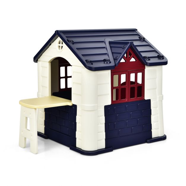 Children's Outdoor Play Cottage with Table & Pretend Food Accessories