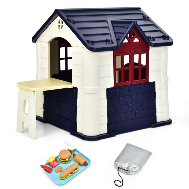 Children's Outdoor Play Cottage with Table & Pretend Food Accessories