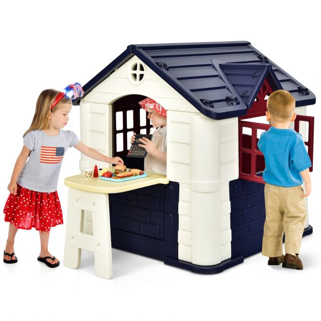 Children's Outdoor Play Cottage with Table & Pretend Food Accessories