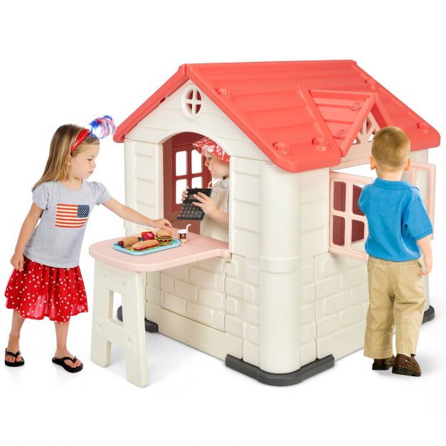 Children's Outdoor Play Cottage with Table & Pretend Food Accessories