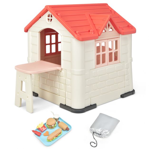 Children's Outdoor Play Cottage with Table & Pretend Food Accessories