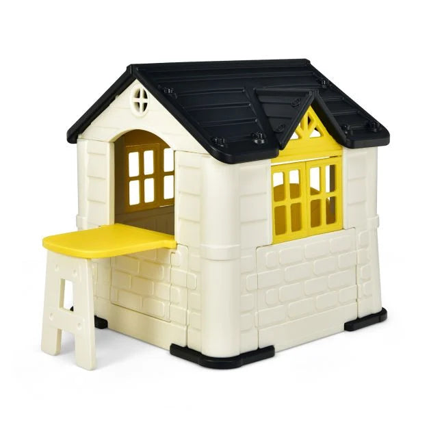 Children's Outdoor Play Cottage with Table & Pretend Food Accessories