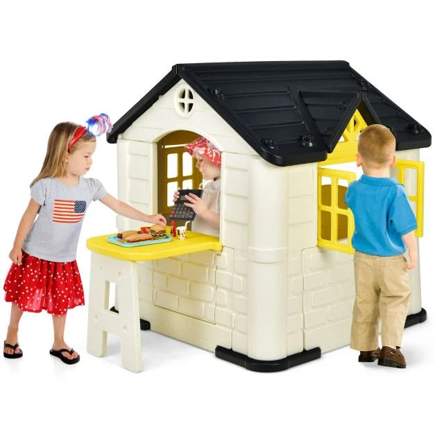 Children's Outdoor Play Cottage with Table & Pretend Food Accessories