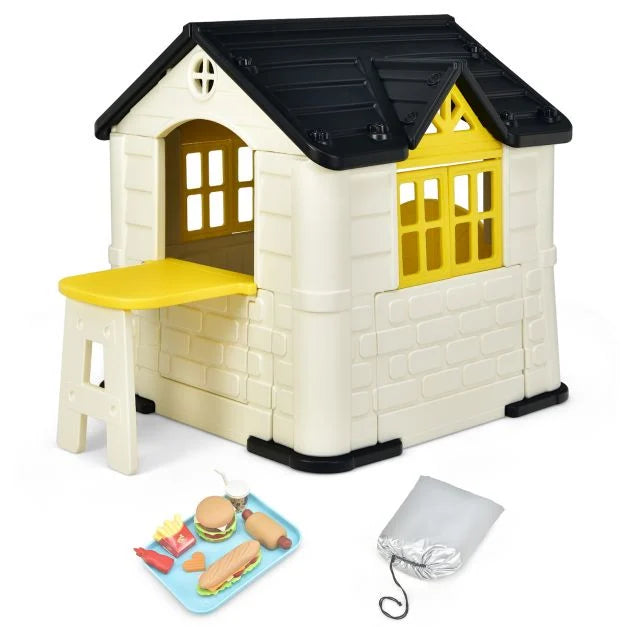 Children's Outdoor Play Cottage with Table & Pretend Food Accessories