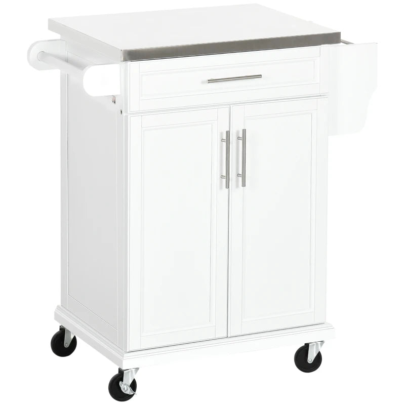 Kitchen Cart on Wheels with Rack, Drawer & Steel Top – White