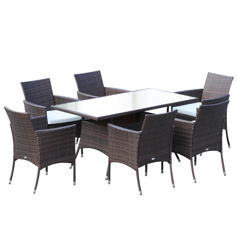 Brown Rattan Dining Set with Cushions, Rectangular Glass Top Table & 6 Armchairs 6 Seater