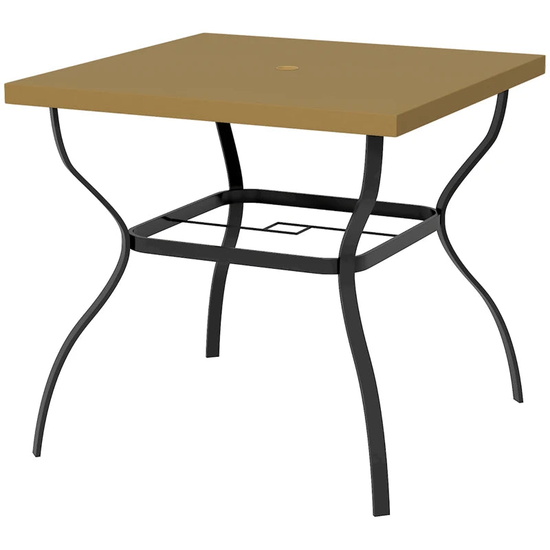 Brown & Black Four-Seater Steel Garden Table with Built-In Parasol Hole for Outdoors
