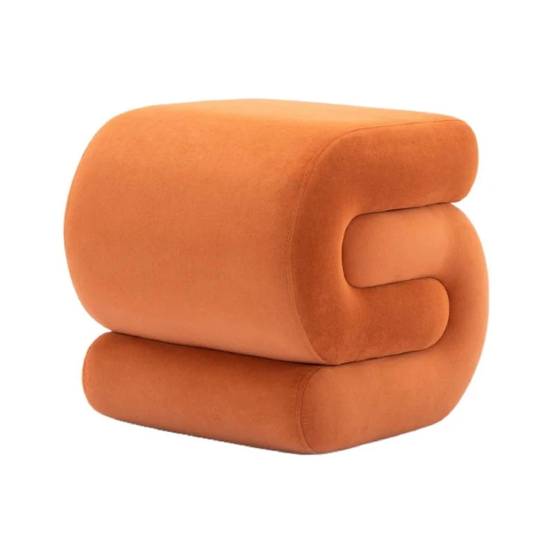 Velvet Pouffe Ottoman – S-Shape Wavy Design, Orange Foot Stool, Pre-Assembled