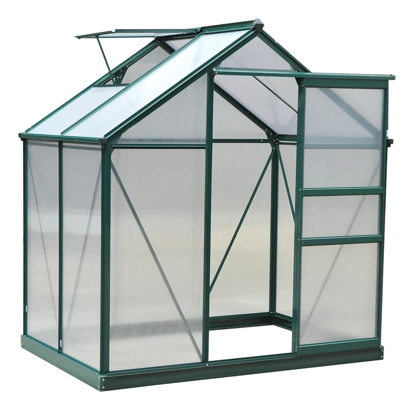 Durable Polycarbonate Walk-In Greenhouse with Sliding Door, Window & Foundation, Green, 6x4ft