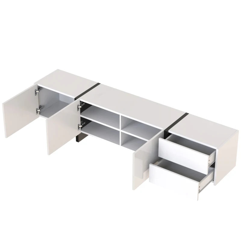 White Gloss TV Cabinet – 190cm Modern Unit with Black Accents, Doors & Drawers