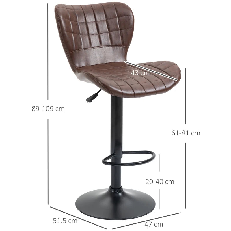 2-Piece Adjustable Swivel Bar Stools, Brown PU Leather, Backrest & Footrest
