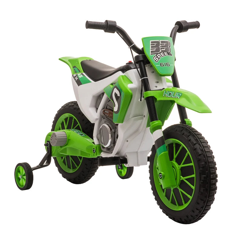 Green 12V Kids Electric Motorcycle Ride-On with Training Wheels, Ages 3 to 6
